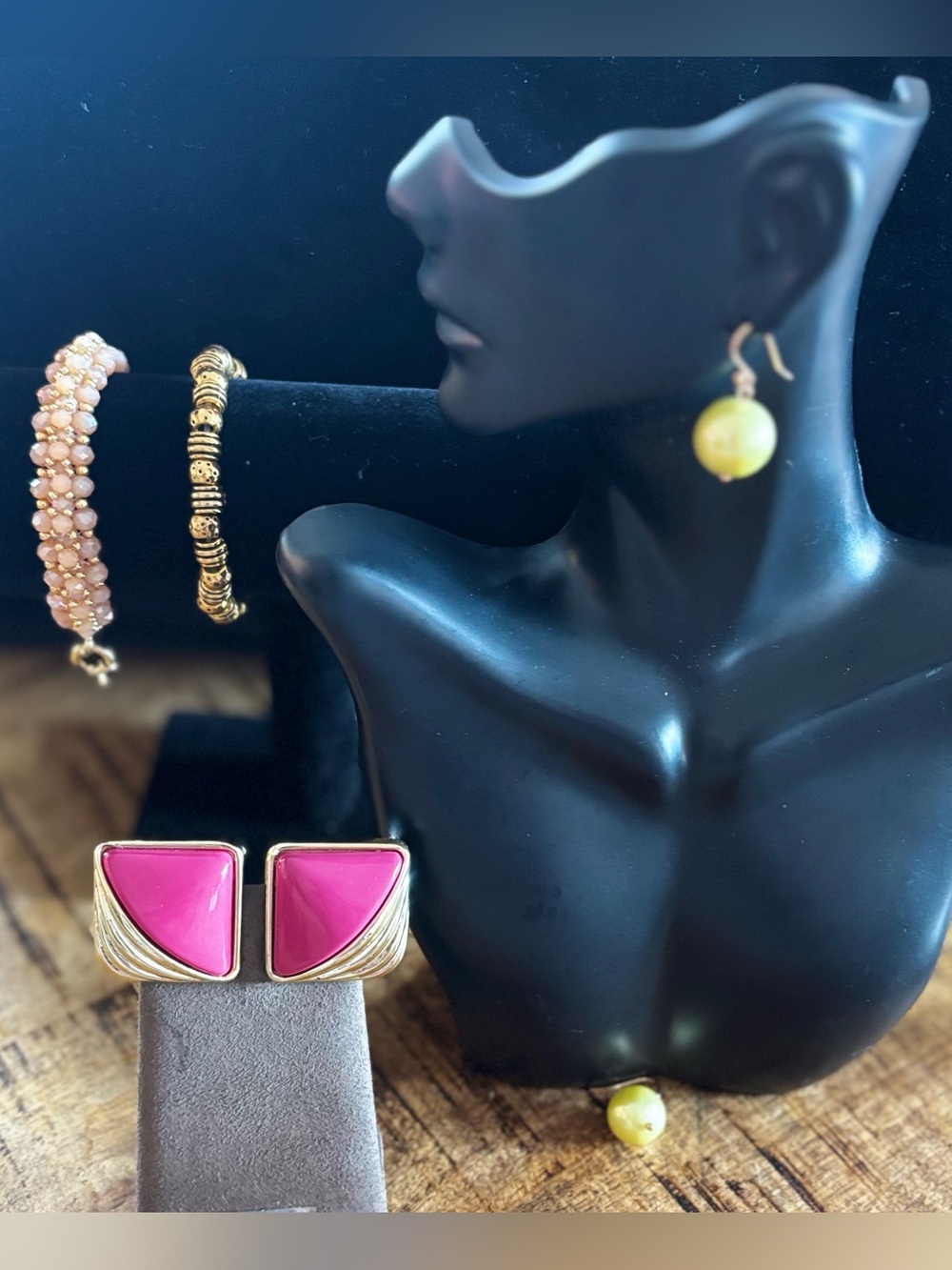 Vintage Costume Jewelry Lot: 80s Pink Clip-Ons, Pearl Drops, Beaded Bracelets